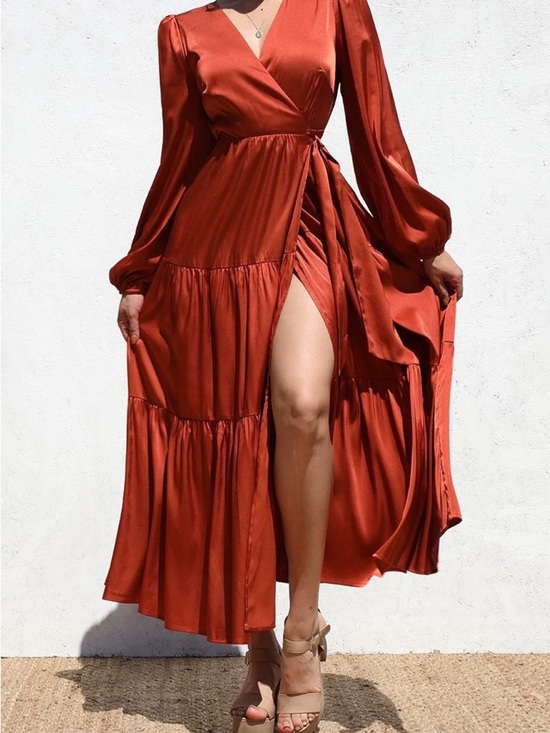 Dress Day Dresses & Skirts - Rust Satin Wrap Maxi Dress with Long Sleeves
